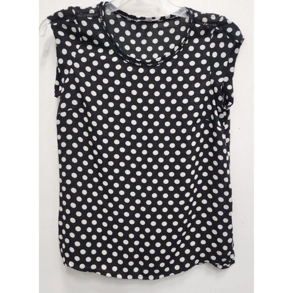 DR2 Womens Blouse Small Black White Polka Dot Crochet Trim Popover Casual Top - Picture 1 of 9